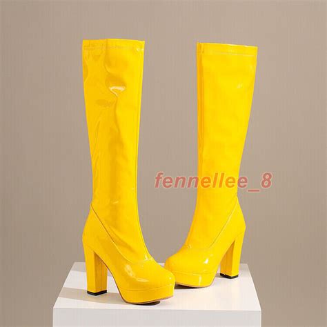 Knee High Boots Women S Shoes Block Heel Side Zip Pumps Platform Patent Leather Ebay