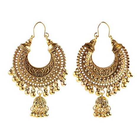 Gold Gypsy Hoop Earrings India Jhumka Belly Dancer Hoops Jingle Bell L