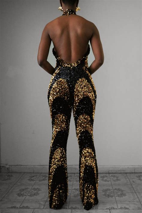 Licorice Swirl Black And Gold Sequin Halter Jumpsuit Daniela Tabois