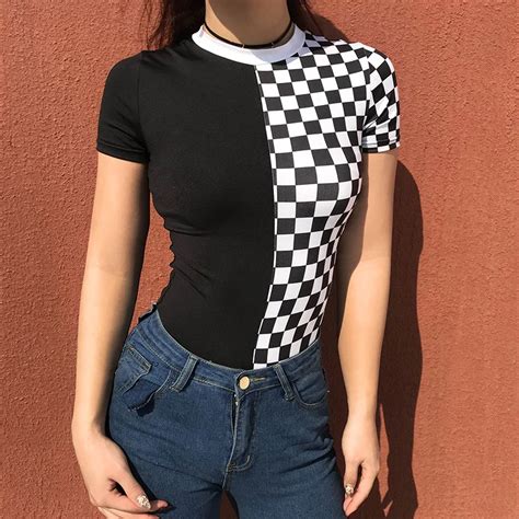 2018 Checkerboard Plaid Sexy Bodysuit Women Fitness Clothing O Neck Short Sleeve Playsuit Tee