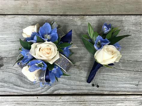 Navy Blue And White Wrist Corsage And Boutonniere Set In