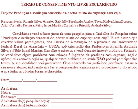 Termo de consentimento livre esclarecido para análise sensorial