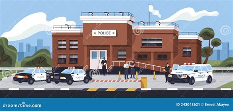 Police Station Building Exterior With Patrol Cars And Officers Outside