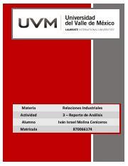 Actividad 3 Reporte de Análisis pdf Materia Relaciones Industriales