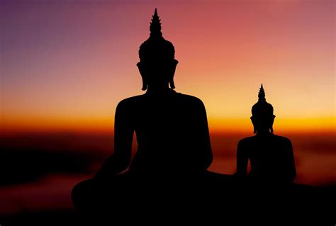 Buddha Silhouette On Golden Sunset Background Beliefs Of Buddhism