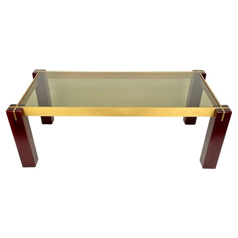 Mid Century Rectangular Coffee Table In Wood Brass And Smoked Glass Italy 1960s For Sale At 1stdibs