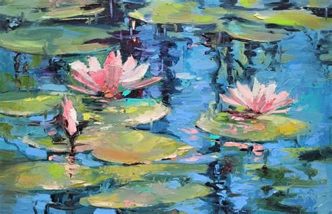 Water Lily Painting Lotus Original Art Monet Wall Art Small Flower