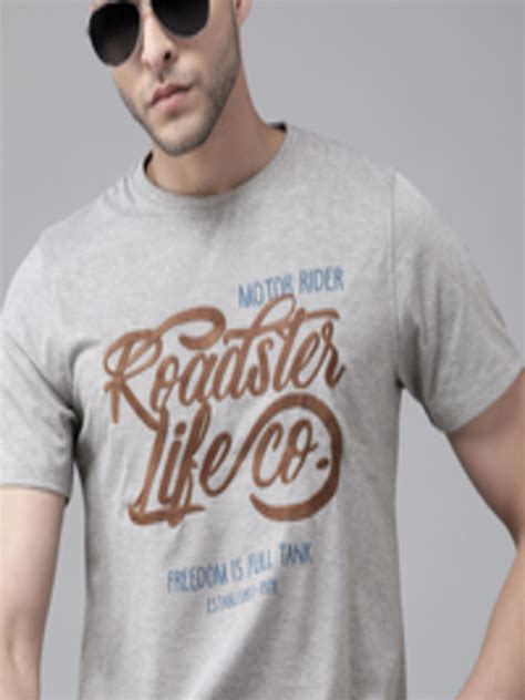 Buy Roadster Men Grey Melange And Brown Brand Logo Embroidered T Shirt Tshirts For Men 10941246