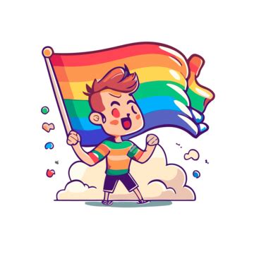 Pride Flag Vector Sticker Clipart Cartoon Gay Boy Holding The Rainbow Flag With Clouds Above