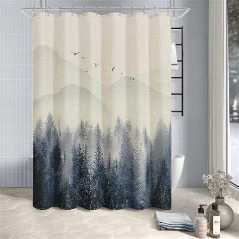 Blue Misty Forest Shower Curtain Linen Fabric Nature Mountain Tree