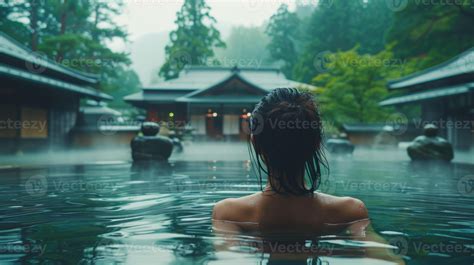 Serene Woman With Wet Dark Hair Relaxes In A Traditional Japanese Hot Spring Onsen Surrounded By