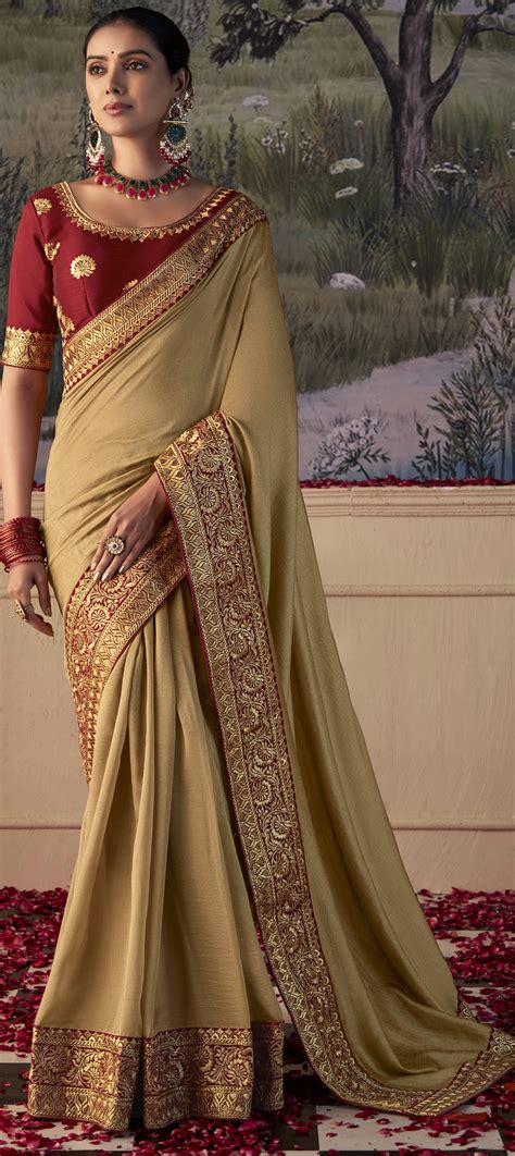 Festive Traditional Wedding Beige And Brown Color Silk Fabric Saree