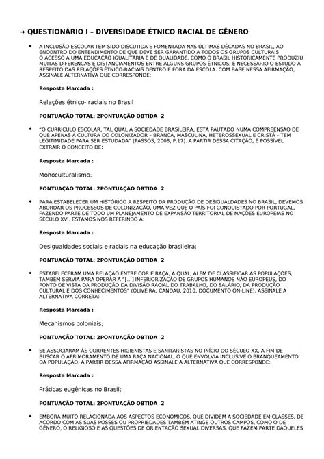 Diversidade Tnico Racial De G Nero Question Rio I Diversidade