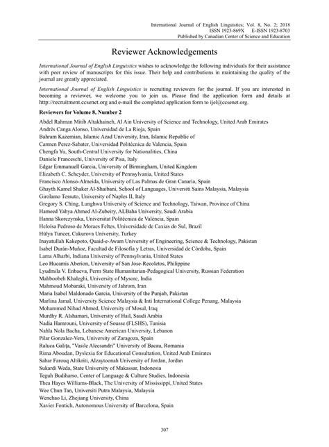 Pdf Reviewer Acknowledgements For International Journal Of English