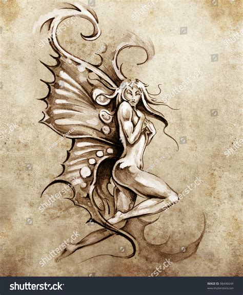 Sketch Tattoo Art Fantasy Fairy Nude Stock Illustration 98496644 ...