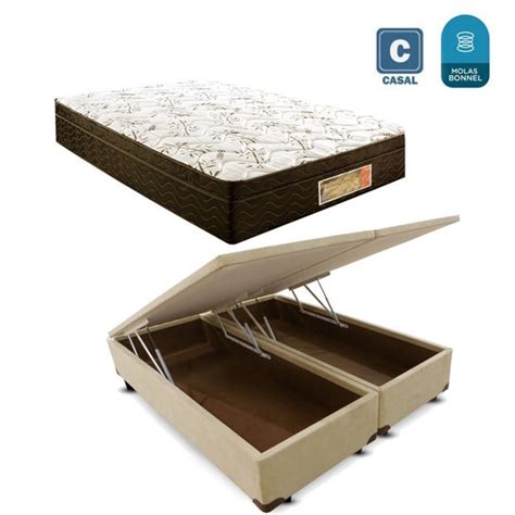 Cama Box casal baú bege bi partido suede Colchão Molas Bonnel 1