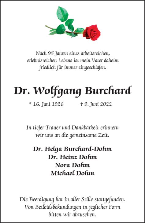 Traueranzeigen Von Wolfgang Burchard Trauer In Nrw De