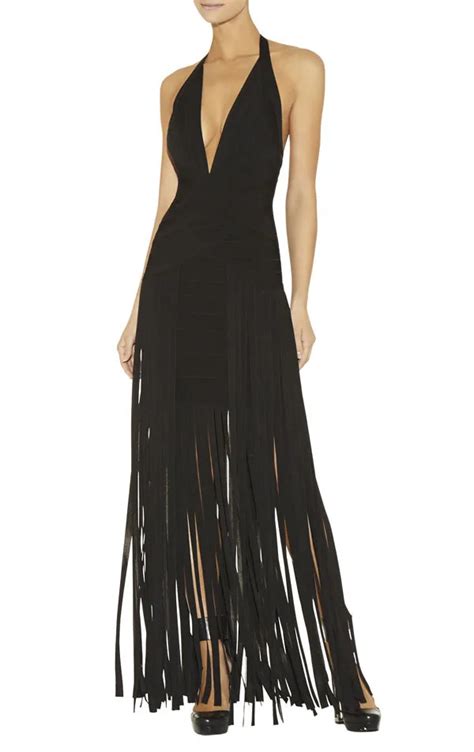 New Dress Black Deep V Neck Tassel Slim Stretch Sexy Nightclub Maxi