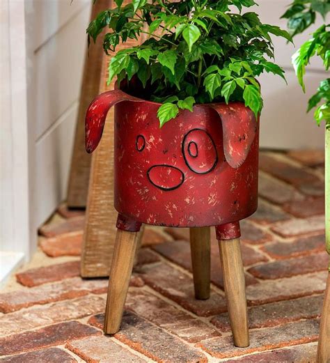 Metal Dog Planter With Wooden Stand Planters Wooden Stand Modern