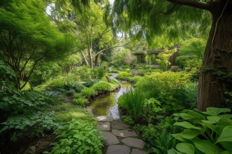 Lush Garden With Winding Path Leading To Serene Pond Or Waterfall