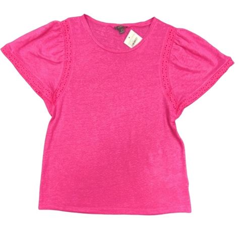 J Crew Tops J Crew Top Neon Pink Top Hot Pink Tee Short Sleeves Lace Eyelet Trim New Poshmark