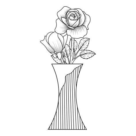 Rose Flower Vase Of Coloring Page Element With Graphic Illustration