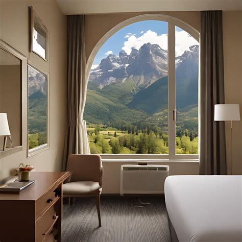 Premium Photo A Hotel Room With A Bed Desk And Window With Mountains