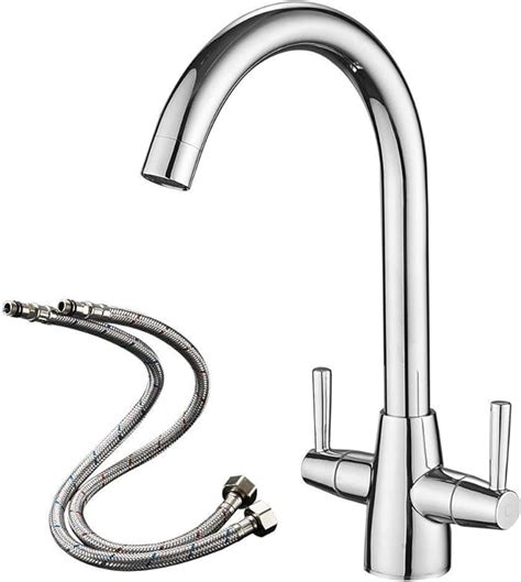 Heable Kitchen Mixer Tap Dual Lever Swivel Spout Chrome Sink Taps With