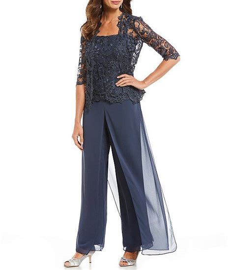 R And M Richards 3 Piece Sequin Glitter Scallop Lace Duster Pant Set