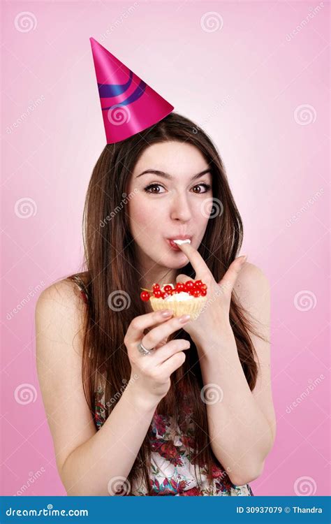 Bautiful Caucasian Girl Blowing Candles On Her Cake Stock Image Image