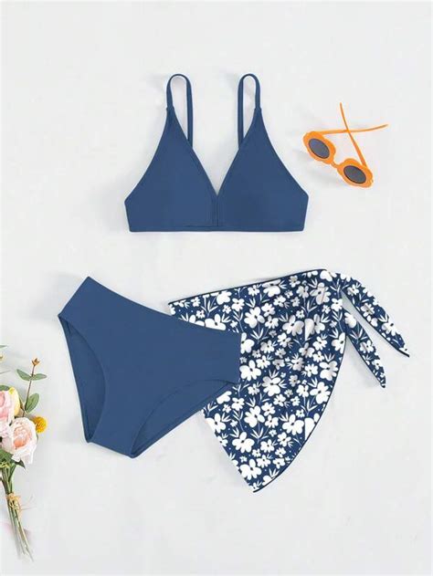 Shein Fille Adolescente Unicolore Bikini Avec à Imprimé Floral Paréo