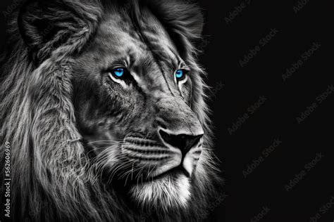 lion in black and white with blue eyes empty blank space 素材庫插圖 Adobe