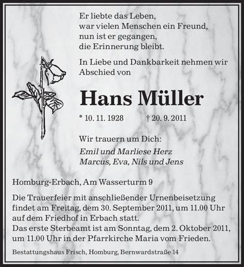 Traueranzeigen von Hans Müller Saarbruecker Zeitung Trauer de