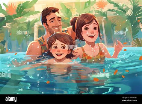 Un Dibujo De Dibujos Animados De Una Familia Nadando En Una Piscina Con