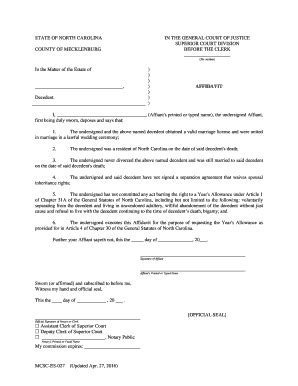 Fillable Online Nccourts MCSC ES 011 Affidavit Married To Decedent