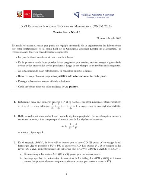 2019 F4n3 XVI Olimpiada Nacional Escolar De Matem Atica ONEM