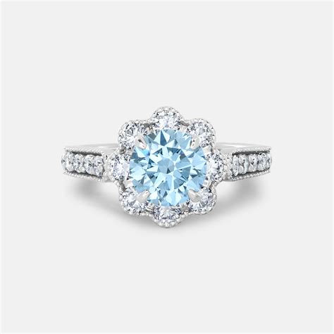 Blue Diamond Flower Halo Engagement Ring 18k White Gold