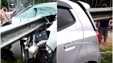 Toyota Agya Tabrak Pembatas Jalan Hingga Tembus Sopirnya Selamat