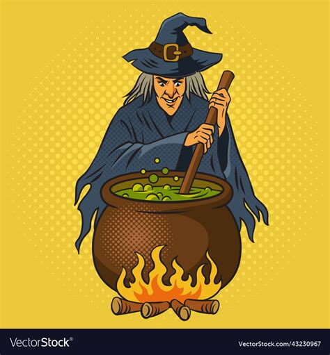 Witch Brews Potion In Cauldron Pop Art Royalty Free Vector