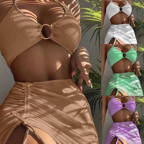 Mm Halter Bikini Set Beach Bathing Suits With Sarongs Cover Ups Piece Swimwear Shopee