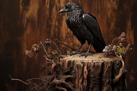 Premium Photo Mysterious Raven On Old Stump Generate Ai