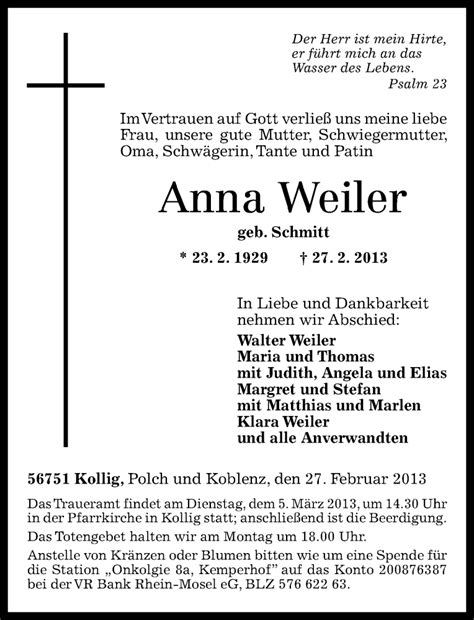 Traueranzeigen Von Anna Weiler Rz Trauer De