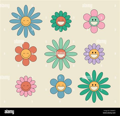 Groovy Daisy Flower Characters Set Hippie Retro Style Flower Icons