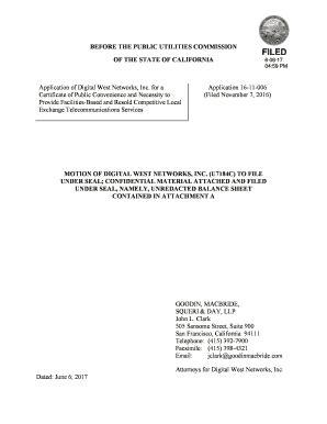 Fillable Online Docs Cpuc Ca Motion To File Under Seal June Response