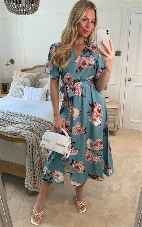 Floral Print Angel Sleeves Midi Wrap Dress In Green Lilura London