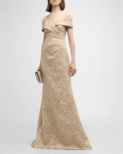 Rickie Freeman For Teri Jon Off Shoulder Metallic Jacquard Gown