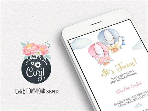 Evite Hot Air Balloon Baby Shower Twins Blue And Pink Twins Baby Shower Electronic Invitation