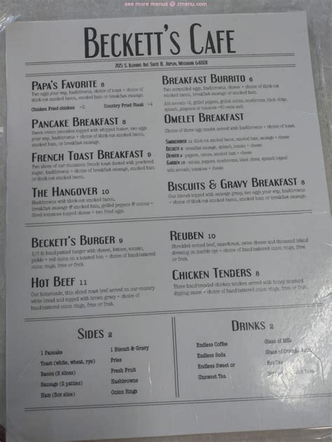 Online Menu Of Becketts Cafe Restaurant Joplin Missouri 64801 Zmenu