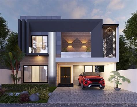 A Red Car Is Parked In Front Of A Modern House