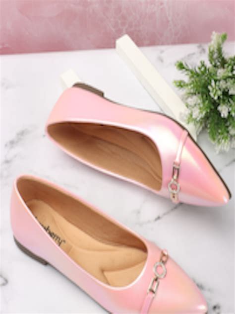 Buy DressBerry Pink And Gold Toned Embellished Pointed Toe Ballerinas